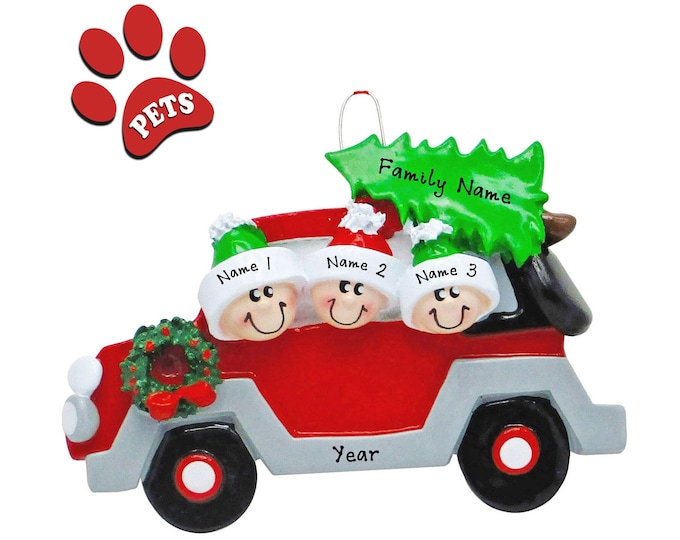 Family of 3 Christmas Ornament - Personalized Family of Three Buying Christmas Tree Ornament With Name, SUV Family Road Trip Gift, Add a Dog