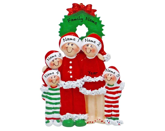 Pajama Family Ornament - Christmas Pajama Family of 5 Ornament - Personalized Family Christmas Ornament With Name - Gift For Grandparents