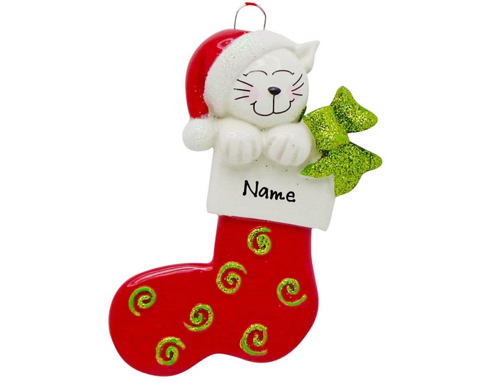 White Kitten Red In Christmas Stocking Personalized Ornament - Cat Personalized Christmas Ornament - Cat Lovers Gift - New Cat Ornament