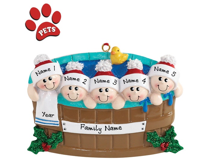 Personalized Hot Tub Ornament - Family of 5 Hot Tub Ornament - Family Day at The Spa - Hot Tub Heaven - Hot Tub Christmas Gifts - Add a Pet