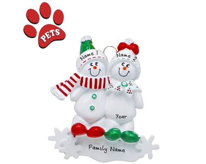 Sledding Couple Personalized Ornament 2025 - Snow Family of 2 Christmas Ornament, Winter Sledding, Wintertime Gift With Names, Optional Pet