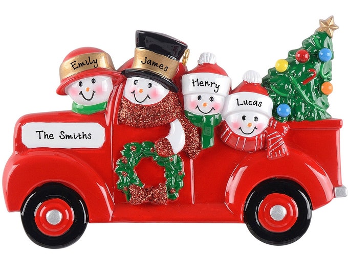 Red Truck Ornament - Personalized Family of 4 Christmas Ornament, Pickup Truck Ornament, Custom Gift With 4 Names, Farmhouse Truck Ornament