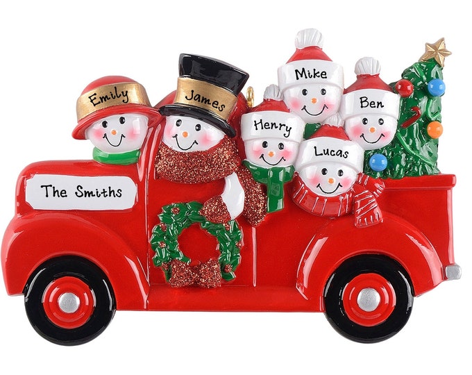Red Truck Ornament - Personalized Family of 6 Christmas Ornament, Pickup Truck Ornament, Custom Gift With 6 Names, Farmhouse Truck Ornament