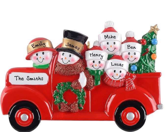 Red Truck Ornament - Personalized Family of 6 Christmas Ornament, Pickup Truck Ornament, Custom Gift With 6 Names, Farmhouse Truck Ornament