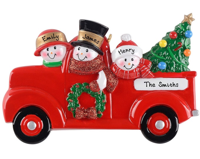 Red Truck Ornament - Personalized Family of 3 Christmas Ornament, Pickup Truck Ornament, Custom Gift With 3 Names, Farmhouse Truck Ornament