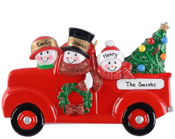 Red Truck Ornament - Personalized Family of 3 Christmas Ornament, Pickup Truck Ornament, Custom Gift With 3 Names, Farmhouse Truck Ornament