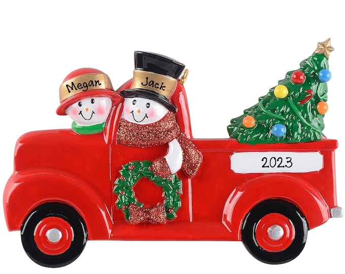 Red Truck Ornament - Personalized Family of 2 Christmas Ornament, Pickup Truck Ornament, Custom Gift With 2 Names, Farmhouse Truck Ornament