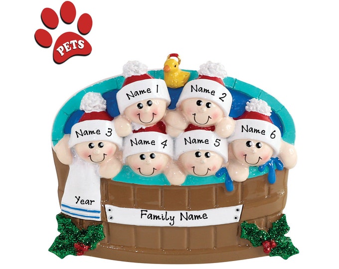 Personalized Hot Tub Ornament - Family of 6 Hot Tub Ornament - Family Day at The Spa - Hot Tub Heaven - Hot Tub Christmas Gifts - Add a Pet