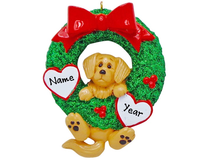 Golden Retriever Personalized Christmas Ornament / Cute Retriever Puppy In Christmas Wreath / Custom Dog Ornament / Pet Lover Gift / New Dog