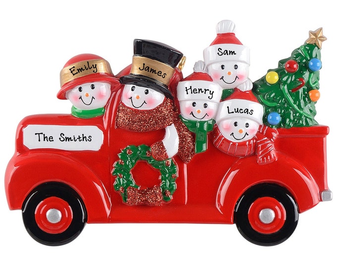 Red Truck Ornament - Personalized Family of 5 Christmas Ornament, Pickup Truck Ornament, Custom Gift With 4 Names, Farmhouse Truck Ornament