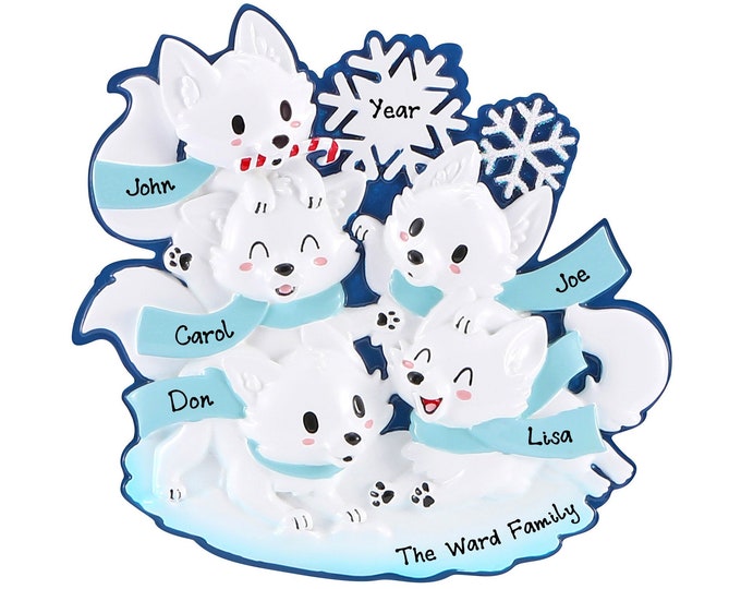 Fox Family of 5 Christmas Ornament Personalized 2025, Cute Forest Animal Ornament With Names, Custom Fox Family of Five Keepsake Gift