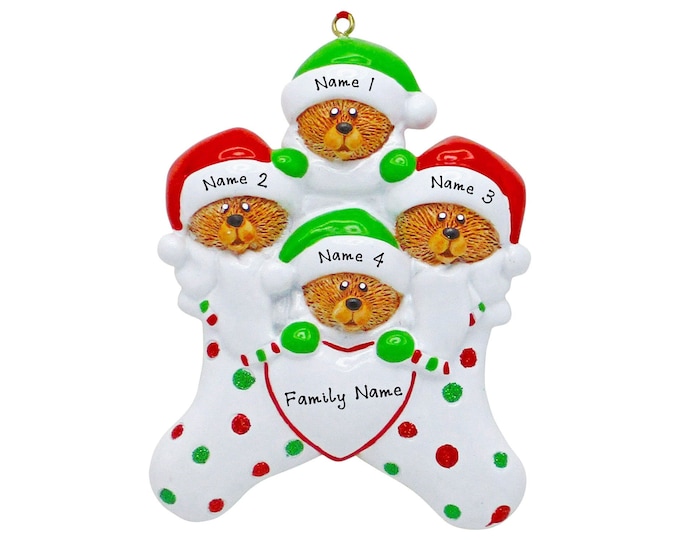 Bears in Stocking Ornament - Family of 4 Ornament - Family Christmas Ornament, Personalized Gift For Grandparents, Xmas Stocking Ornament