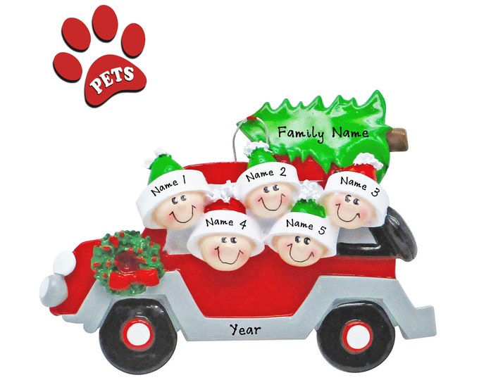 Family of 5 Christmas Ornament - Personalized Family of Five Buying Christmas Tree Ornament With Name, SUV Family Road Trip Gift, Add a Dog