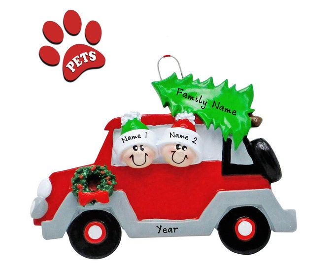 Personalized Couple Ornament - Family of 2 Buying Our First Christmas Tree - SUV Couples 1st Christmas Ornament With Name - Add a Dog, Cat