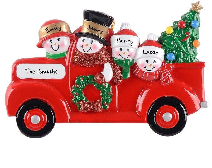 Red Truck Ornament - Personalized Family of 4 Christmas Ornament, Pickup Truck Ornament, Custom Gift With 4 Names, Farmhouse Truck Ornament