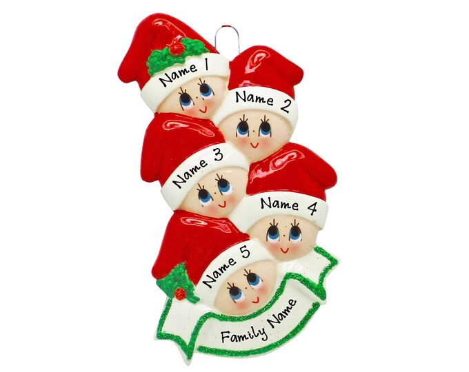 Personalized Elf Ornament - Family of 5 Personalized Christmas Ornament - Santa Hat Elves Family of 5 Personalized Christmas Ornament