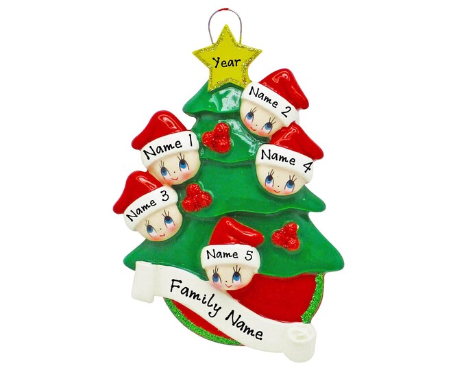 Elf Christmas Ornament - Family 5 Personalized Christmas Ornament - Peeking Around Tree Family of 5 Personalized Christmas Ornament