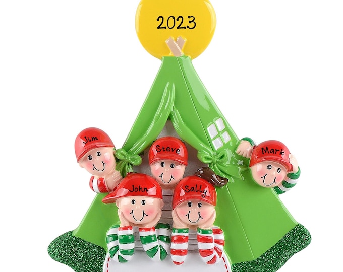 Personalized Camping Ornament - Family of 5 Personalized Christmas Ornament - Tent Camping - Family Camping Trip - Custom Ornament With Name
