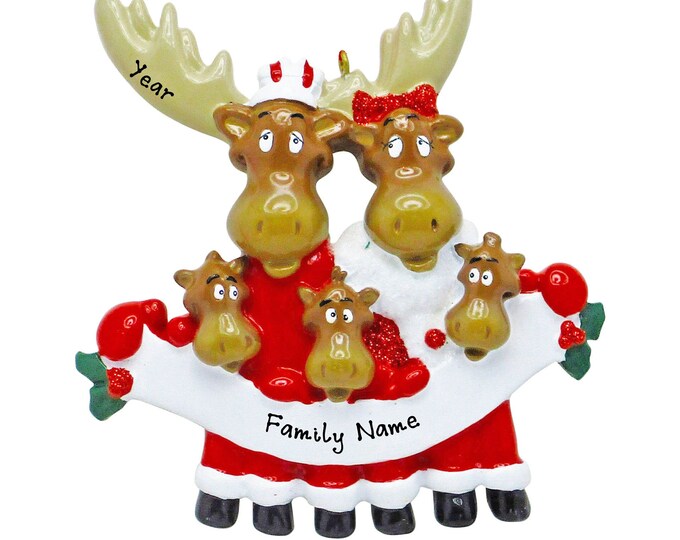 Christmas Moose Ornament - Woodland Animals - Personalized Moose Family of 5 Christmas Ornament - Friends Ornament - Gift For Grandparents
