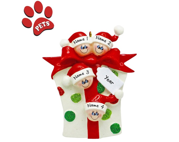 Family Christmas Ornament Personalized 2024 - Personalized Elves Family of 4 - Grandchildren Names, Great Grandparent Gift, Add A Pet, Dog
