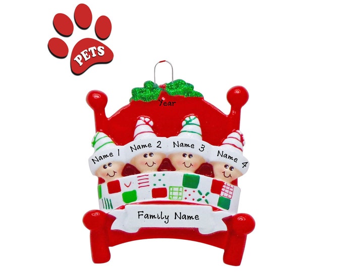 Personalized Family Christmas Ornament 2024 - Grandkids Waiting For Santa - Family of 4 Snug in Bed  - Our 4 Grandkids - Grandparents Gift