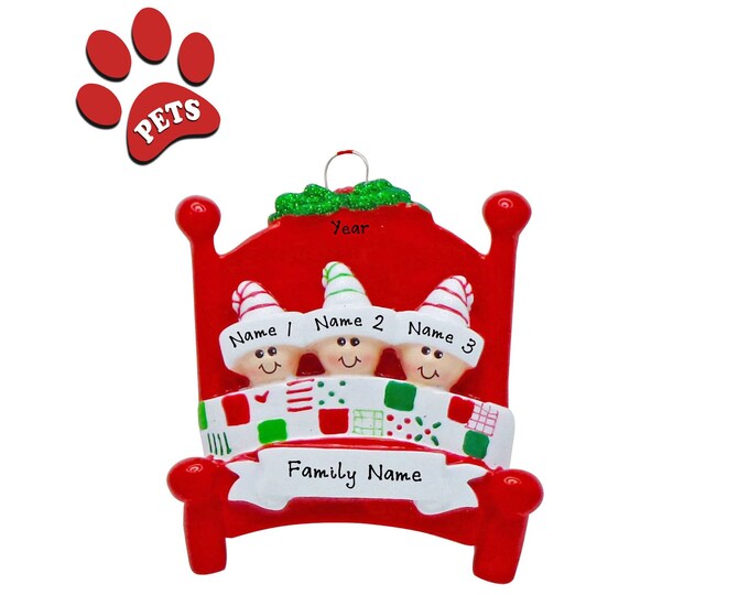 Personalized Family Christmas Ornament 2024 - Grandkids Waiting For Santa - Family of 3 Snug in Bed - Our 3 Grandkids - Grandparents Gift