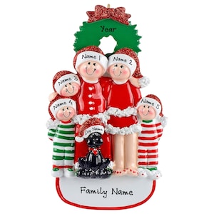 Pajama Family Ornament - Christmas Pajama Family of 5 Ornament With Dog - Personalized Family Christmas Ornament - Family Ornament With Dog