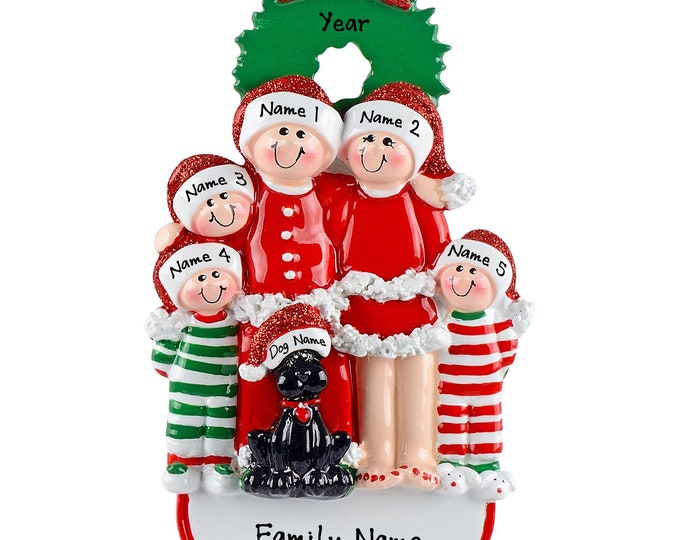 Pajama Family Ornament - Christmas Pajama Family of 5 Ornament With Dog - Personalized Family Christmas Ornament - Family Ornament With Dog