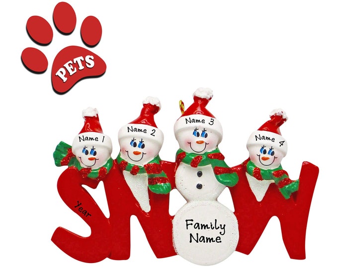 Snowman Ornament - Family of 4 Christmas Ornament Personalized 2023 - Our 4 Grandkids Ornament - Grandparent Christmas Ornament - Add a Dog