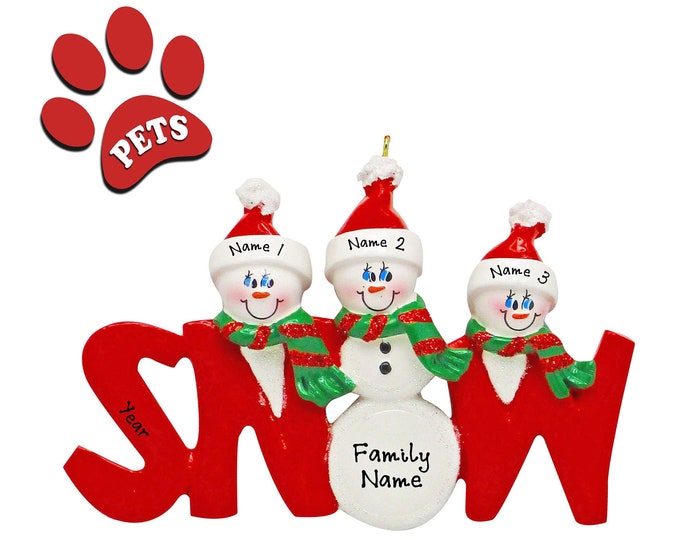 Snowman Family of 3 Christmas Ornament Personalized 2025 - Our 3 Grandkids Ornament - Grandparent Christmas Ornament - Add a Dog