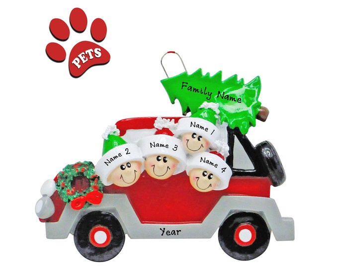 Family of 5 Christmas Ornament - Personalized Family of Four Buying Christmas Tree Ornament With Name, SUV Family Road Trip Gift, Add a Dog
