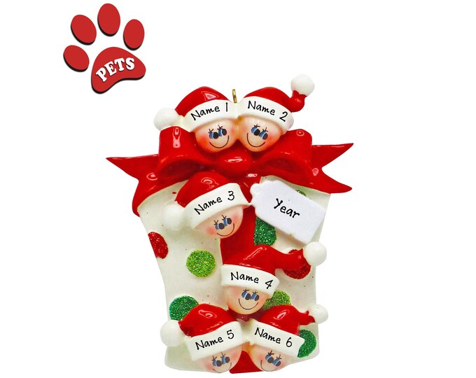Family Christmas Ornament Personalized 2024 - Personalized Elves Family of 6 - Grandchildren Names, Great Grandparent Gift, Add A Pet, Dog
