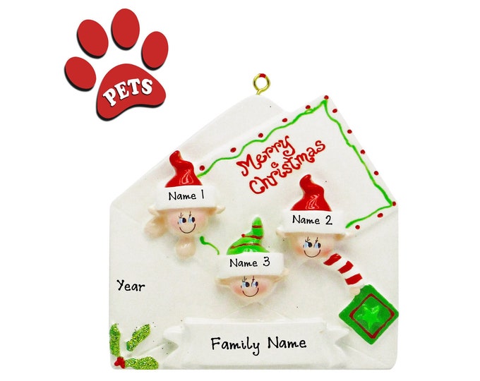 Merry Christmas Letter - Christmas Letter Family of 3 Ornament Personalized 2024 - Gift For Grandparents With 3 Grandkids - Add a Cat, Dog