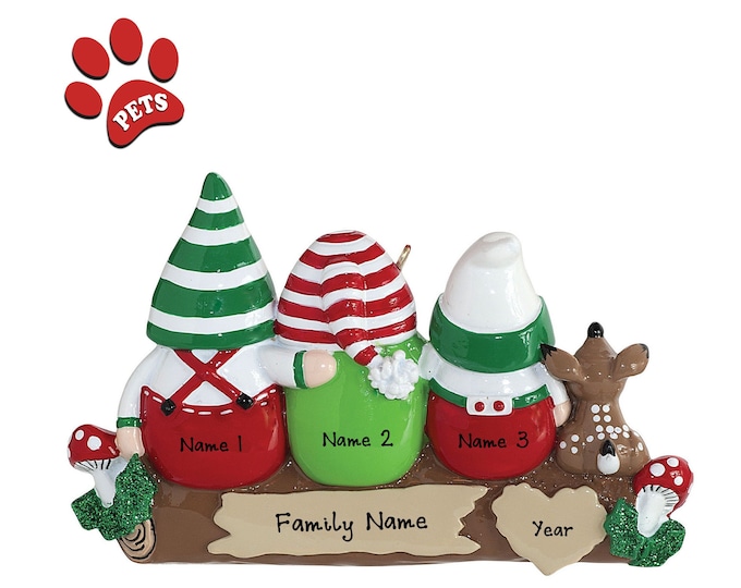 2025 Christmas Gnomes – Family of 3 Elves Ornament - Idle Gnomes Ornament - Personalized Family of 4 Christmas Ornament, Add a Dog, Cat, Pet