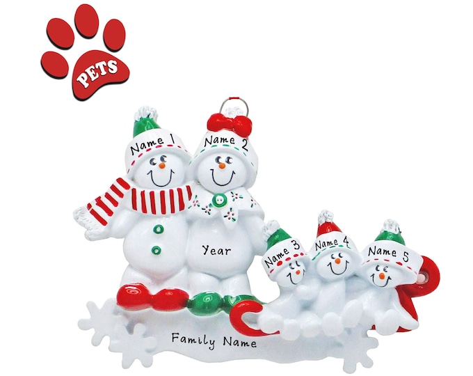 Sledding Family Personalized Ornament 2023 - Snow Family of 3 Christmas Ornament, Winter Sledding, Wintertime Gift With Names, Optional Pet