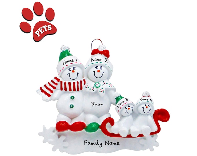 Sledding Family Personalized Ornament 2023 - Snow Family of 4 Christmas Ornament, Winter Sledding, Wintertime Gift With Names, Optional Pet