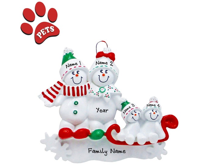 Sledding Family Personalized Ornament 2025 - Snow Family of 4 Christmas Ornament, Winter Sledding, Wintertime Gift With Names, Optional Pet