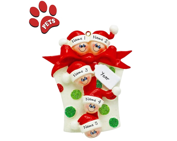 Family Christmas Ornament Personalized 2024 - Personalized Elves Family of 5 - Grandchildren Names, Great Grandparent Gift, Add A Pet, Dog