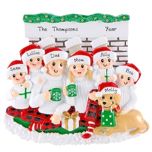 Personalized Family of 6 Christmas Ornament 2025 – Custom Family Ornament With Dog – Family of Six Pajama Ornament With Names