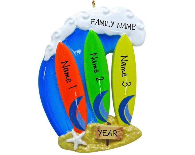 Surfing Ornament - Family of 3 Surfboard Christmas Ornament - Beach Board Ornament - Personalized Surfer Family of Three Christmas Ornament