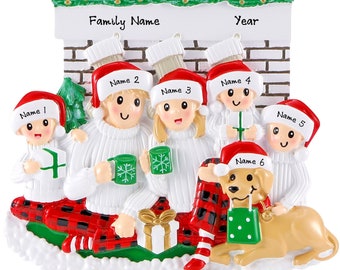 Personalized Family of 5 Christmas Ornament 2026 – Custom Family Ornament With Dog – Family of Five Pajama Ornament With Names