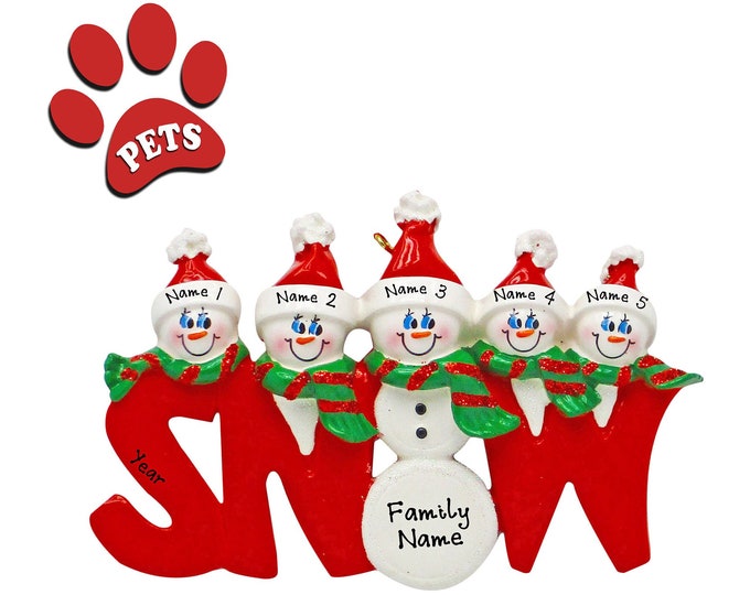 Snowman Ornament - Family of 5 Christmas Ornament Personalized 2024 - Our 5 Grandkids Ornament - Grandparent Christmas Ornament - Add a Dog