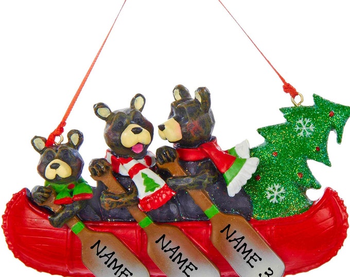 Black Bears In Canoe Ornament Personalized Family of 3 Bears Paddling Canoe Ornament River Adventure, Grandparent Gift With Grandkids Names