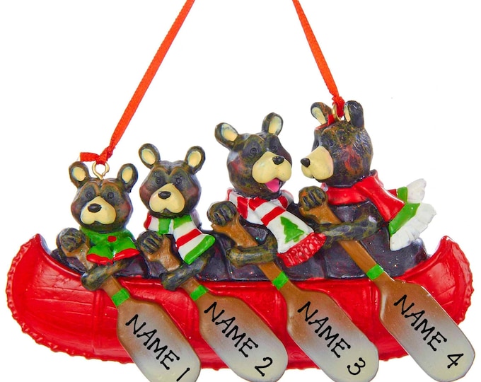 Black Bears In Canoe Ornament Personalized Family of 4 Bears Paddling Canoe Ornament River Adventure, Grandparents Gift With Grandkids Names