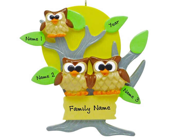 Owl Family of 3 Christmas Ornament - Family Christmas Ornaments - Woodland Ornament 3 Owls in Tree - 1 Child Family Custom Grandparent Gift