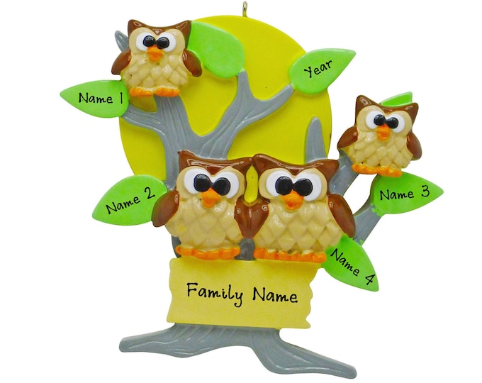 Personalized Owls in Tree Family of 4 Christmas Ornament- Owls in Tree Family of 4 Personalized Ornament - Family of Four Christmas Ornament