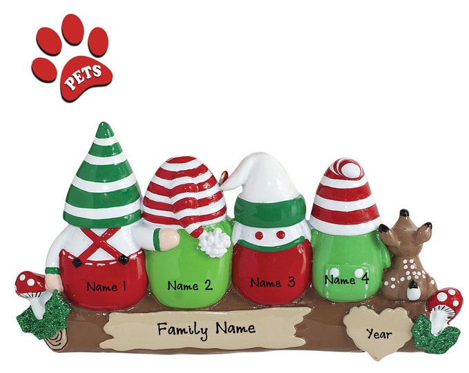 2025 Christmas Gnomes – Family of 4 Elves Ornament - Idle Gnomes Ornament - Personalized Family of 4 Christmas Ornament, Add a Dog, Cat, Pet