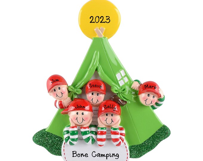 Personalized Camping Ornament - Family of 5 Personalized Christmas Ornament - Tent Camping - Family Camping Trip - Custom Ornament With Name