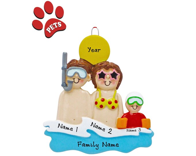 Beach Christmas Ornament - Family of 3 Beach Vacation, Family Christmas Ornament, Family Christmas Vacation, Destination Ornament, Add Pet