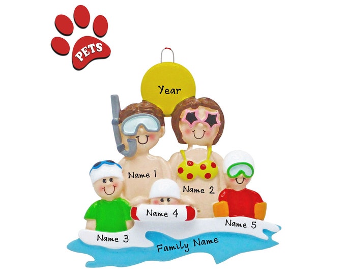 Beach Christmas Ornament - Family of 5 Beach Vacation, Family Christmas Ornament, Family Christmas Vacation, Destination Ornament, Add Pet